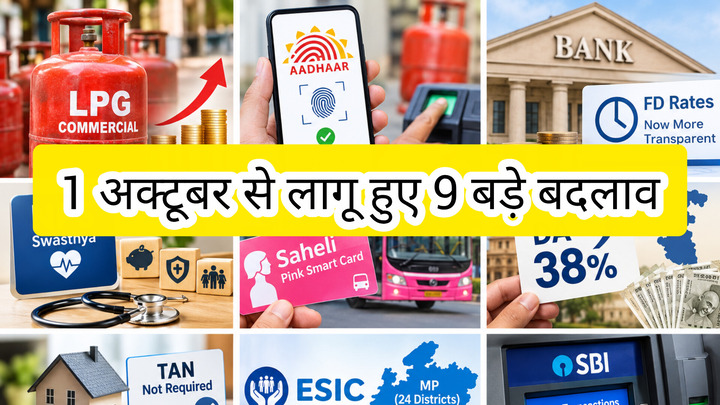 1 अक्टूबर से लागू हुए 9 बड़े बदलाव…..गैस सिलेंडर महंगा, ATM ट्रांजेक्शन की लिमिट तय……जानिए किन बदलावों से बदलेगी आपकी रोजमर्रा की जिंदगी